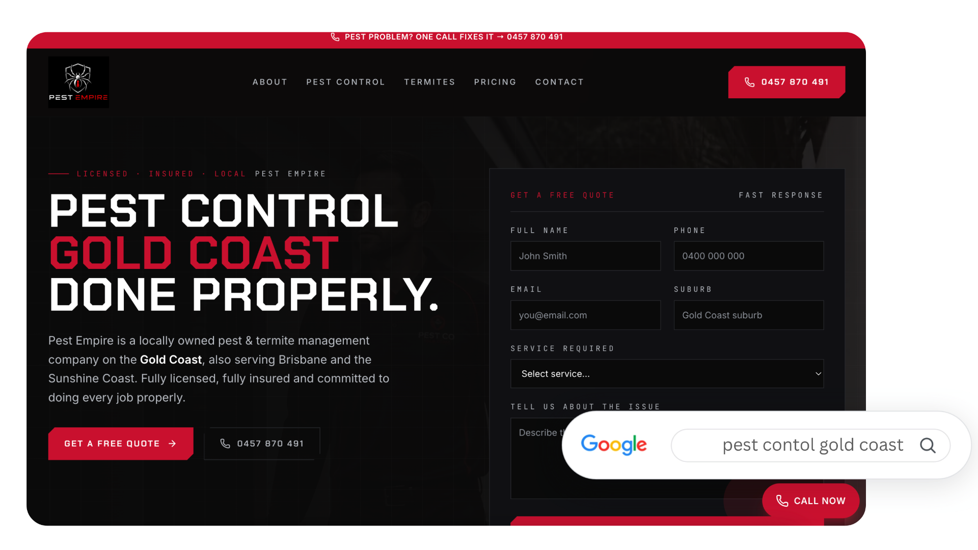 Pest Empire pest control Gold Coast website